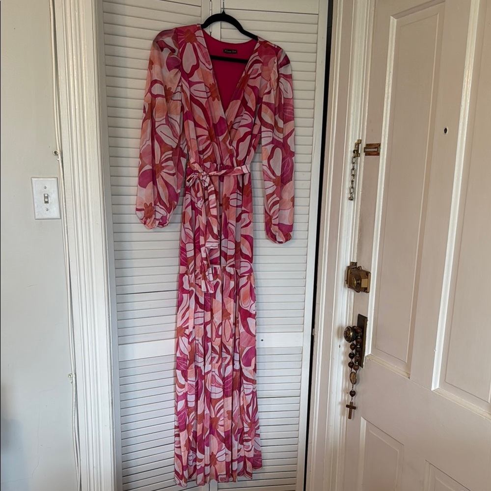 Pink and White Floral Wrap Gown with Bishop Sleeves - Picture 1 of 13